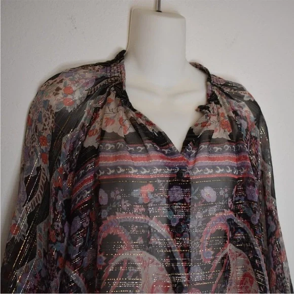 TUCKER Bergdorf Goodman Boho 100% Silk Button Down Sheer Blouse Metallic Size S - Picture 5 of 11